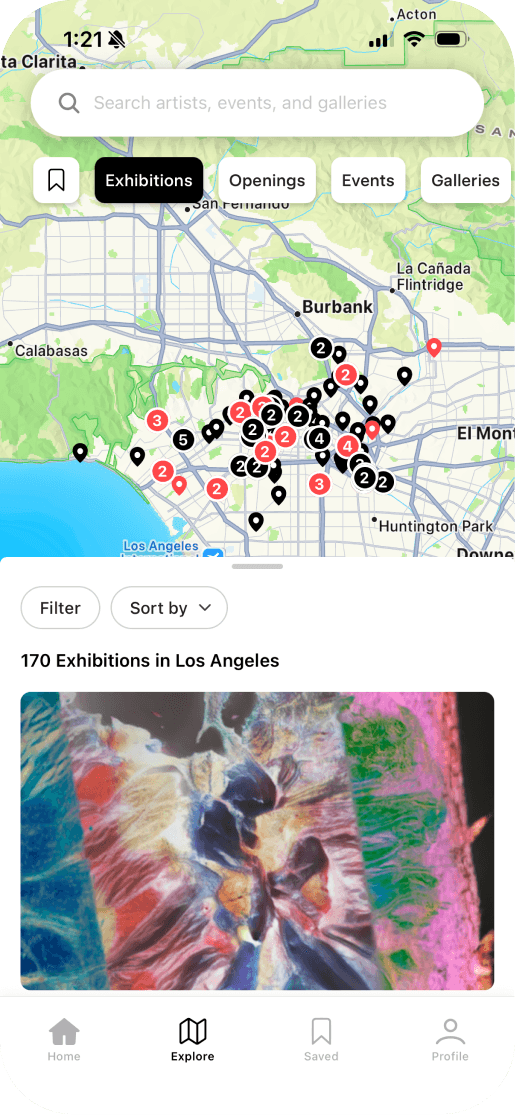 The Artwrld app open on an iPhone, showing the exhibitions map