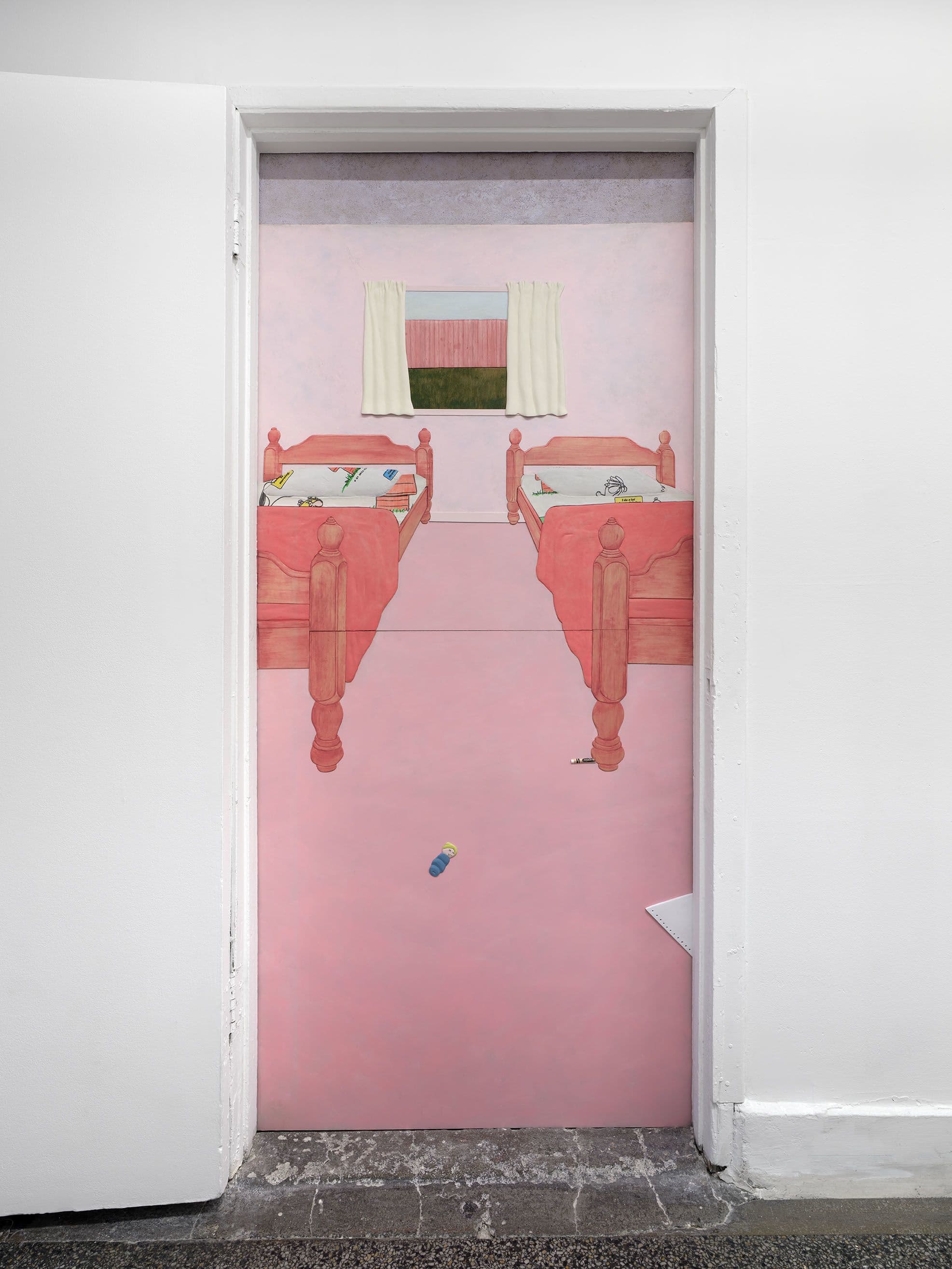 Maryrose Cobarrubias Mendoza, The Girls' Room, 2026. Acrylic gouache, wood, air-dried clay, Paperclay, fabric, Crayola crayon on MDF. 82 x 38 x .25 in (208 x 97 x 1 cm). Photo: Paul Salveson. Courtesy of the artist and Commonwealth and Council.