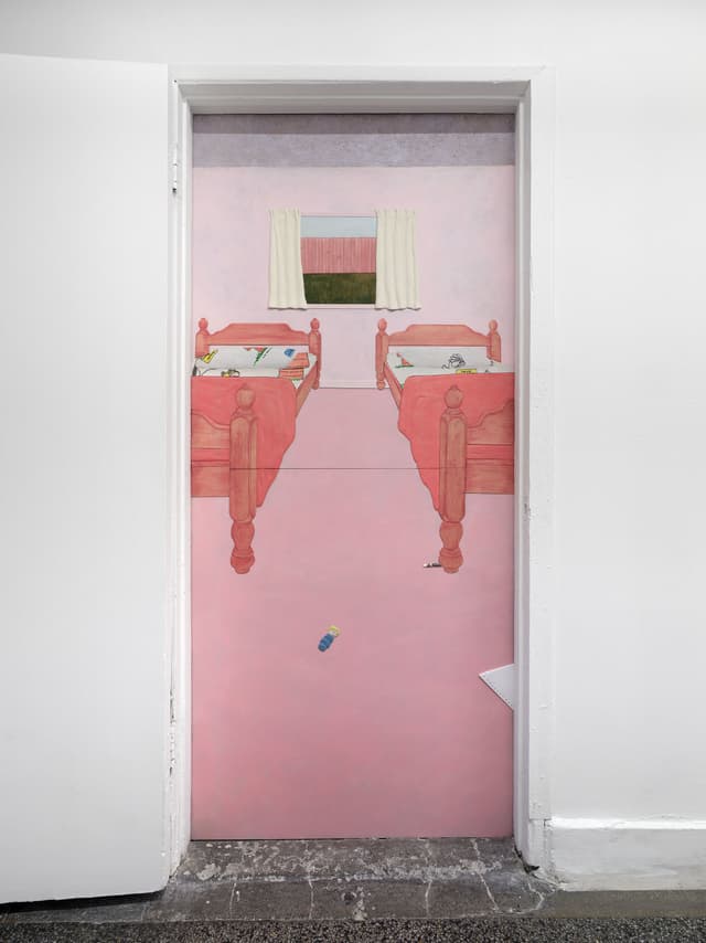 Maryrose Cobarrubias Mendoza, The Girls' Room, 2026. Acrylic gouache, wood, air-dried clay, Paperclay, fabric, Crayola crayon on MDF. 82 x 38 x .25 in (208 x 97 x 1 cm). Photo: Paul Salveson. Courtesy of the artist and Commonwealth and Council.