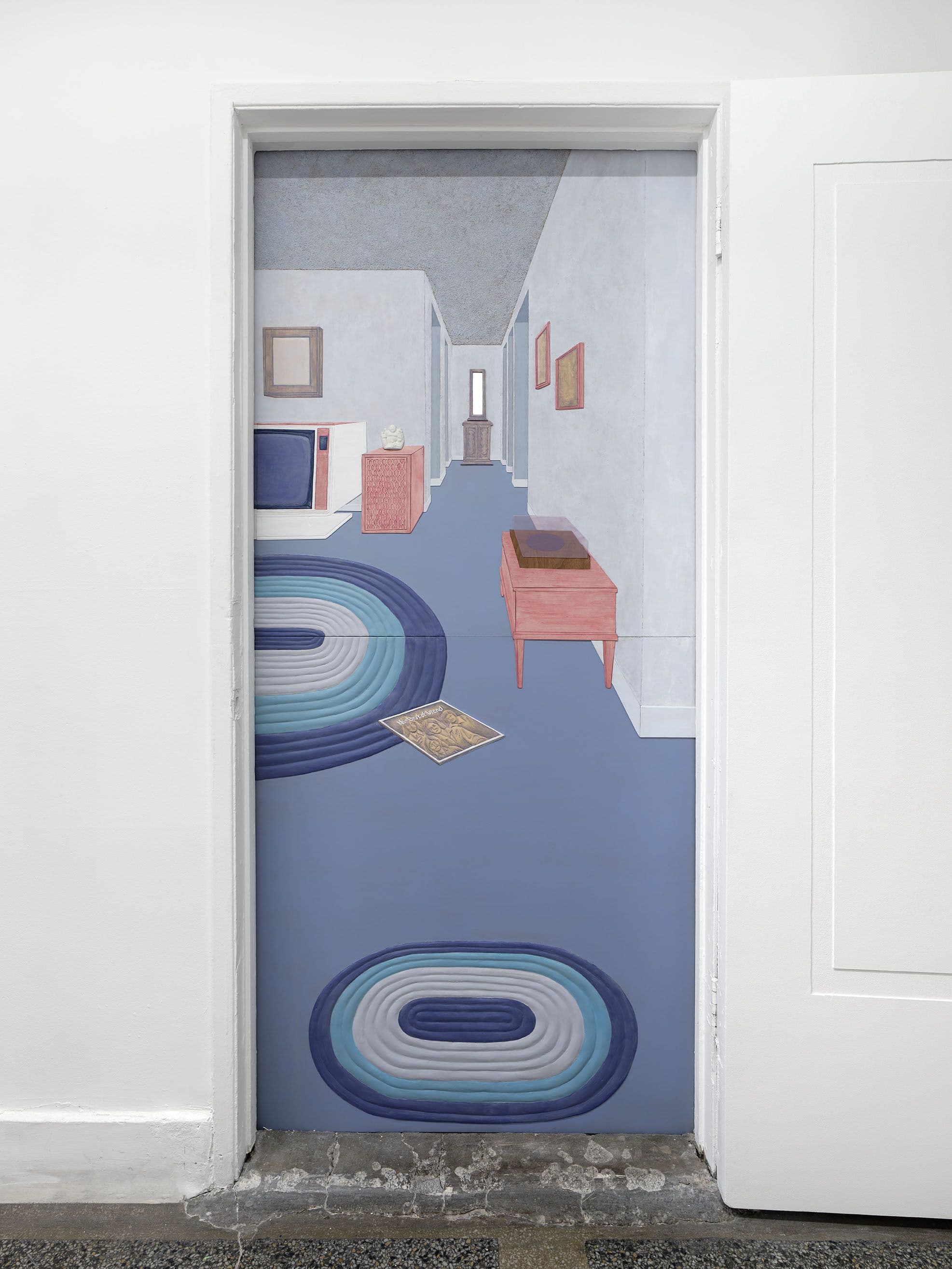 Maryrose Cobarrubias Mendoza, Living Room, 2026. Acrylic gouache, wood, air-dried clay, Paperclay, mirror, plastic on MDF. 82 x 38 x .25 in (208 x 97 x 1 cm). Photo: Paul Salveson. Courtesy of the artist and Commonwealth and Council.
