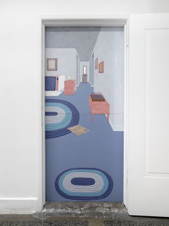 Maryrose Cobarrubias Mendoza, Living Room, 2026. Acrylic gouache, wood, air-dried clay, Paperclay, mirror, plastic on MDF. 82 x 38 x .25 in (208 x 97 x 1 cm). Photo: Paul Salveson. Courtesy of the artist and Commonwealth and Council.