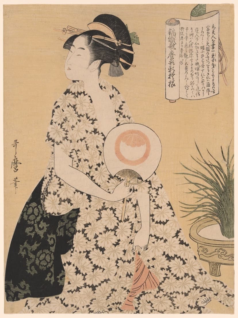 Beauty Wearing a Summer Kimono, from the series “New Patterns of Brocade Woven in Utamaro Style" ("Nishiki-ori Utamaro-gata-shinmoyo")