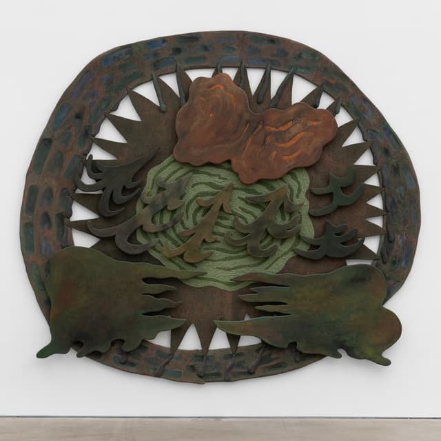 Gabriel Slavitt, Blown Tire, 2026. House paint, drywall mud, sand, india ink, chalk pastel, plaster & foam on canvas and burlap stretched over wood panels. 106 x 121 x 3 1/2 inches.