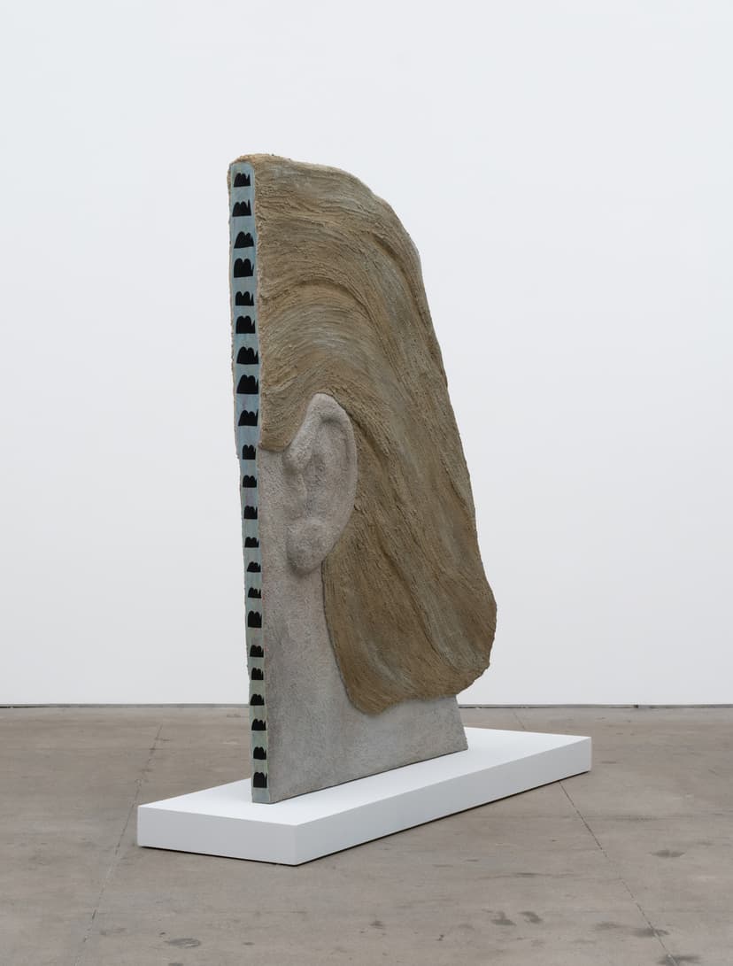 Gabriel Slavitt, Fossil Record (The Angels Spoke in Correspondences), 2026. House paint, drywall mud, india ink, sand, chalk pastel, varnish, wire mesh & plaster on foam. 65 x 50 x 4 1/2 inches, sculpture ; 3 7/8 x 18 1/2 x 66 inches, pedestal.