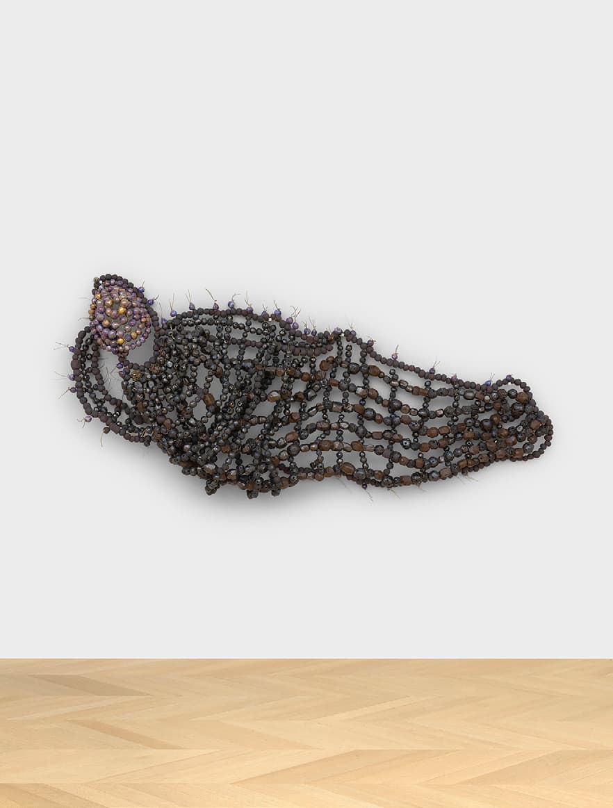 Inma Barrero, Tellus, 2023–26, pigments, glazes, oxides, and lusters on porcelain and earthenware, and metal wire