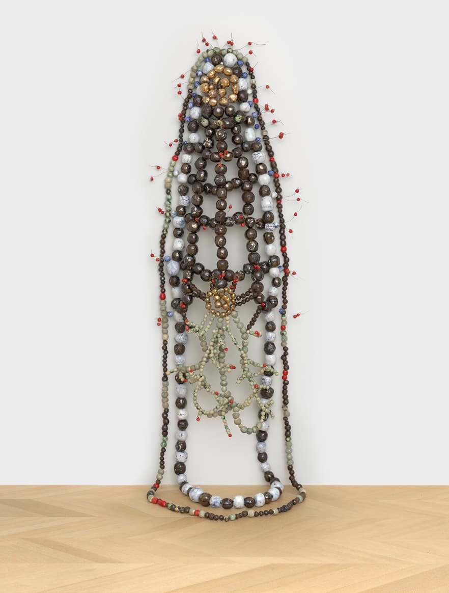 Inma Barrero, Pachamama, 2023–26, pigments, glazes, oxides, and lusters on porcelain and earthenware, and metal wire