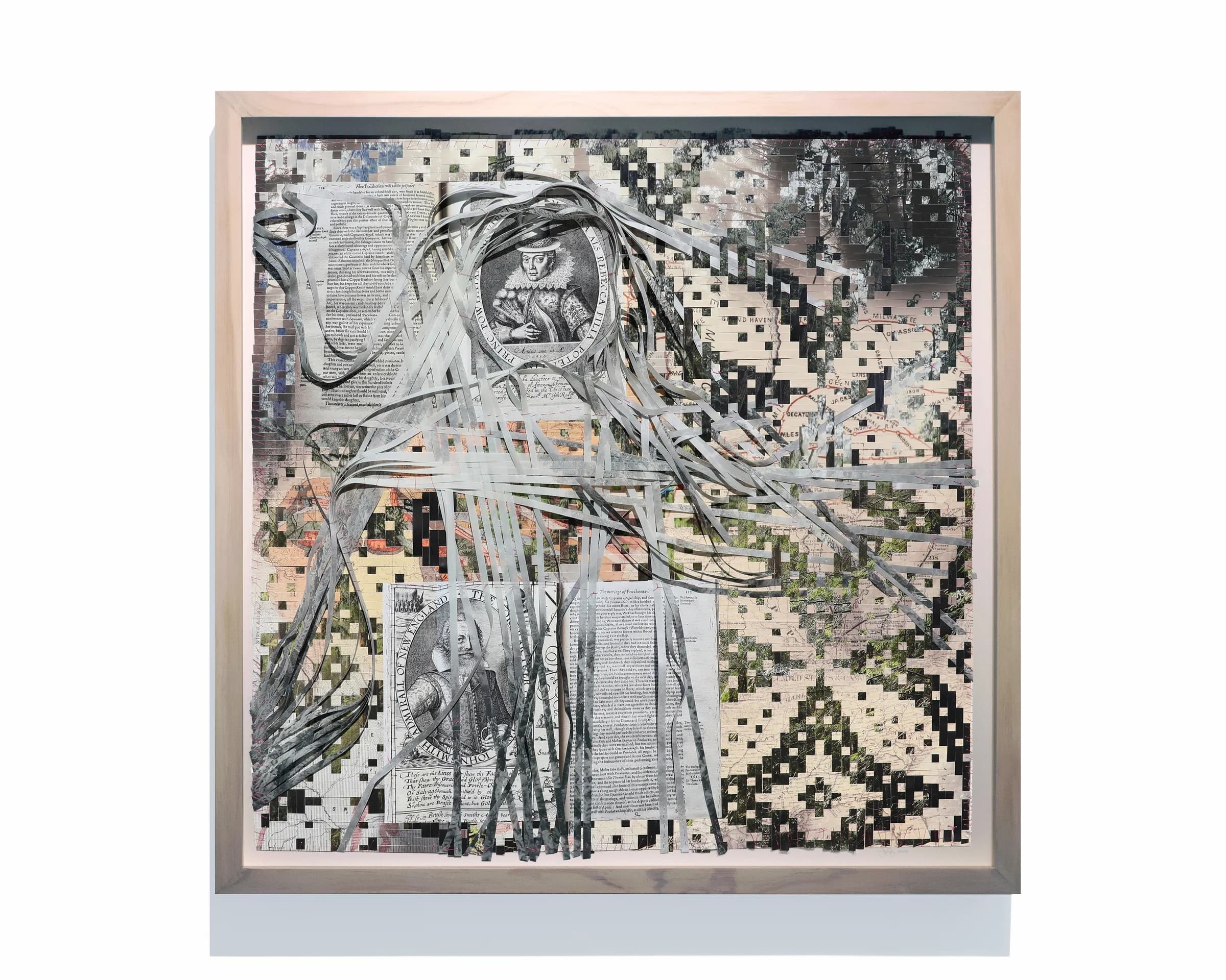 Sarah Sense, Matoaka, Pocahontas, Rebecca, 2026, Woven archival inkjet prints on Hahnemuhle bamboo paper and Hahnemuhle rice paper, beeswax, Arches watercolor paper, silk thread, cotton thread, artist tape
