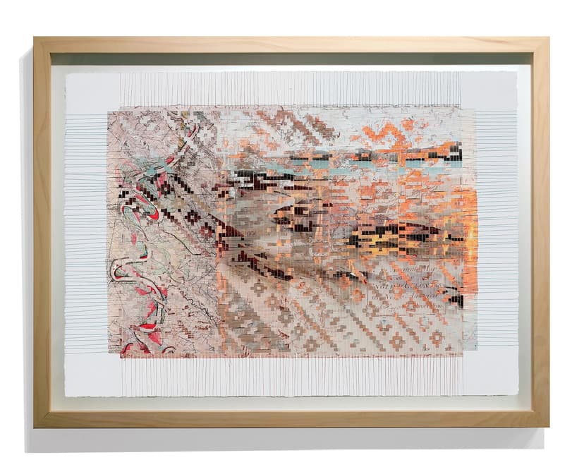 Sarah Sense, Plymouth Myths, 2026, Woven archival inkjet prints on Hahnemuhle bamboo paper and Hahnemuhle rice paper, cotton thread, artist tape