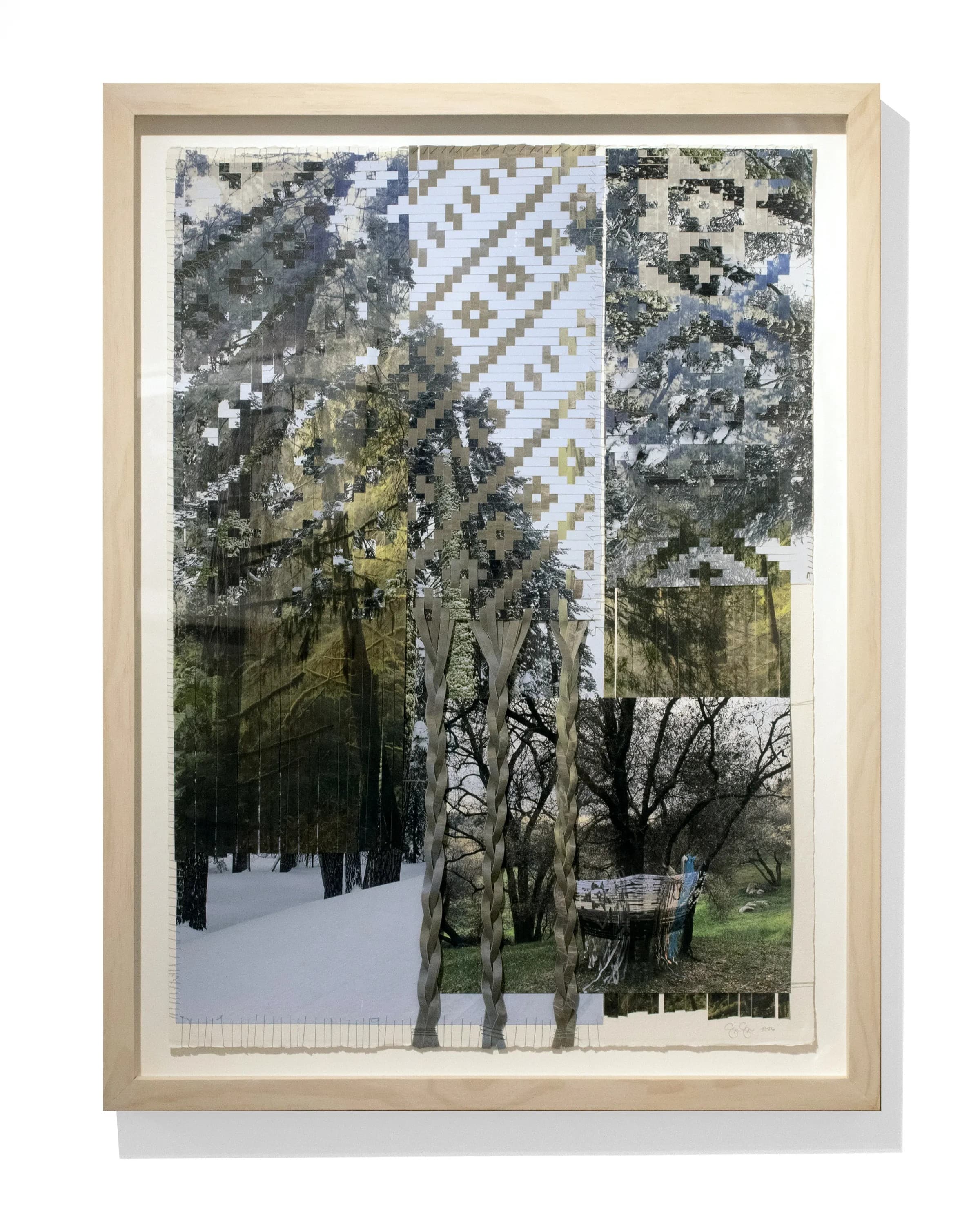 Sarah Sense, Tree Weaving 12, 2026, Woven archival inkjet prints on Hahnemuhle bamboo paper and Hahnemuhle rice paper, beeswax, Arches watercolor paper, cotton thread, artist tape