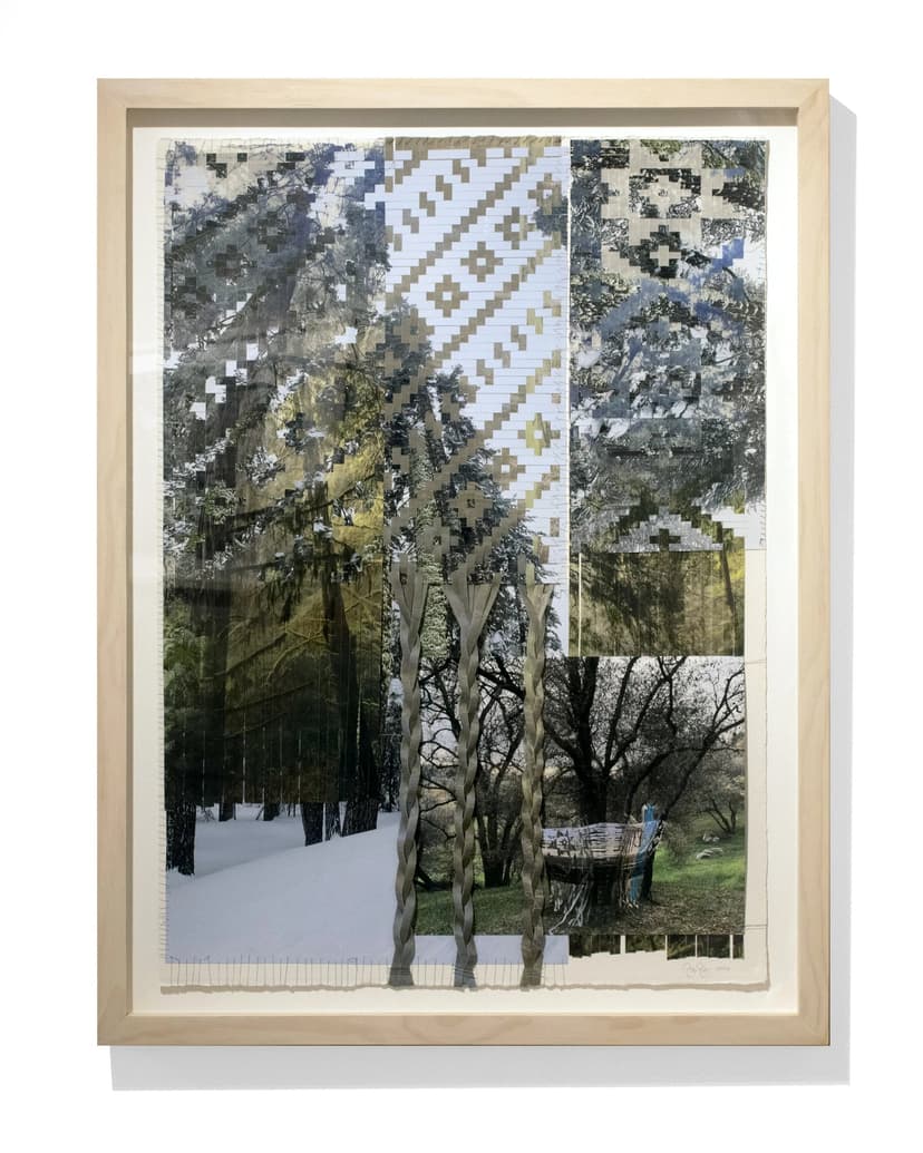 Sarah Sense, Tree Weaving 12, 2026, Woven archival inkjet prints on Hahnemuhle bamboo paper and Hahnemuhle rice paper, beeswax, Arches watercolor paper, cotton thread, artist tape