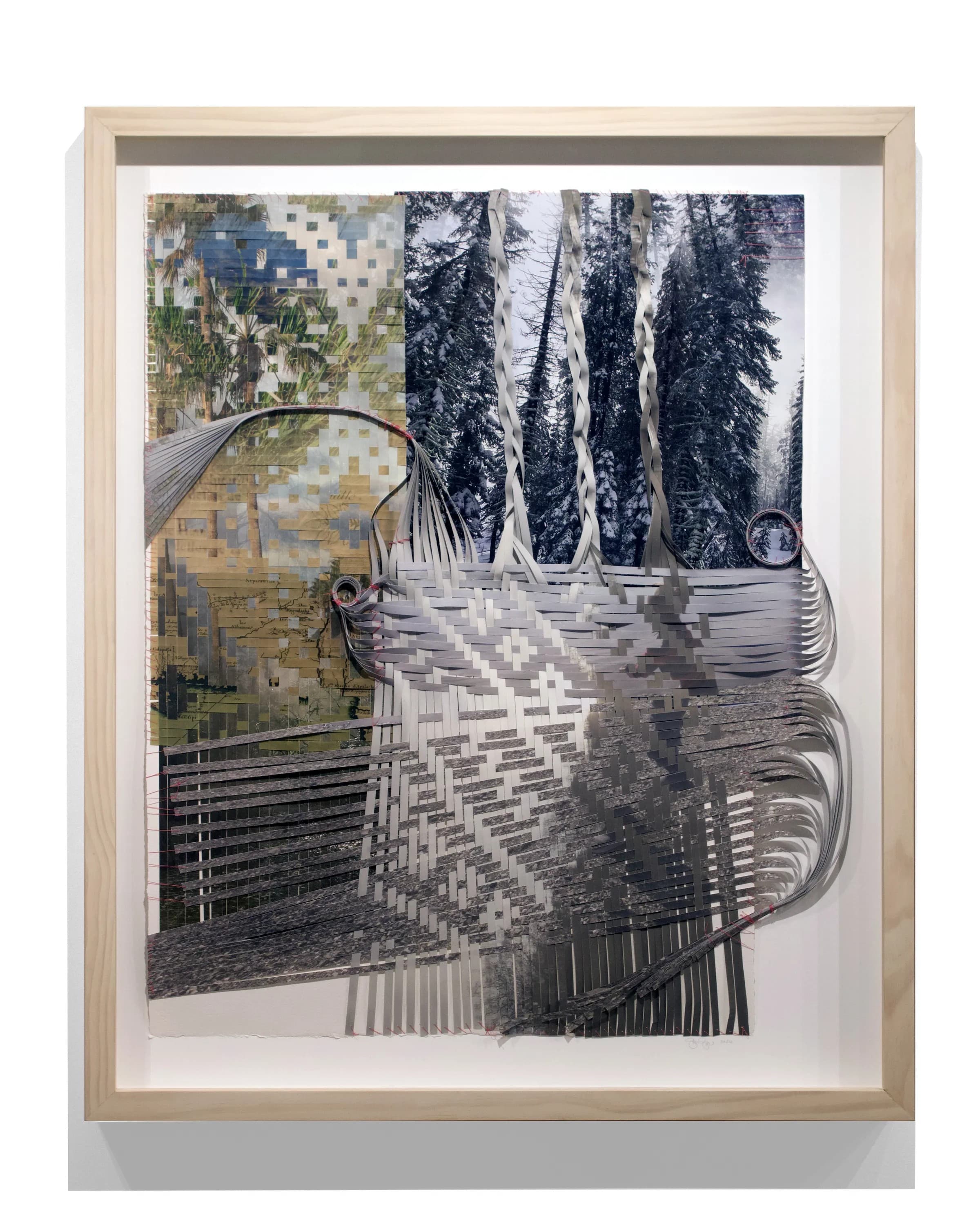 Sarah Sense, Tree Weaving 4, 2026, Woven archival inkjet prints on Hahnemuhle bamboo paper and Hahnemuhle rice paper, beeswax, Arches watercolor paper, cotton thread, tape