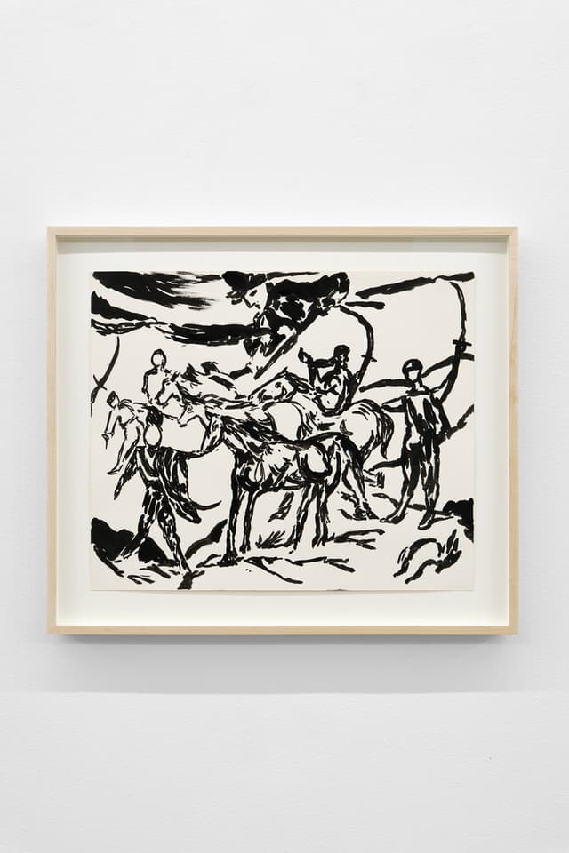Miguel Ferrando, Untitled (Figures and Horses), 1993. Gouache on paper, 23 x 26 in. (Framed)