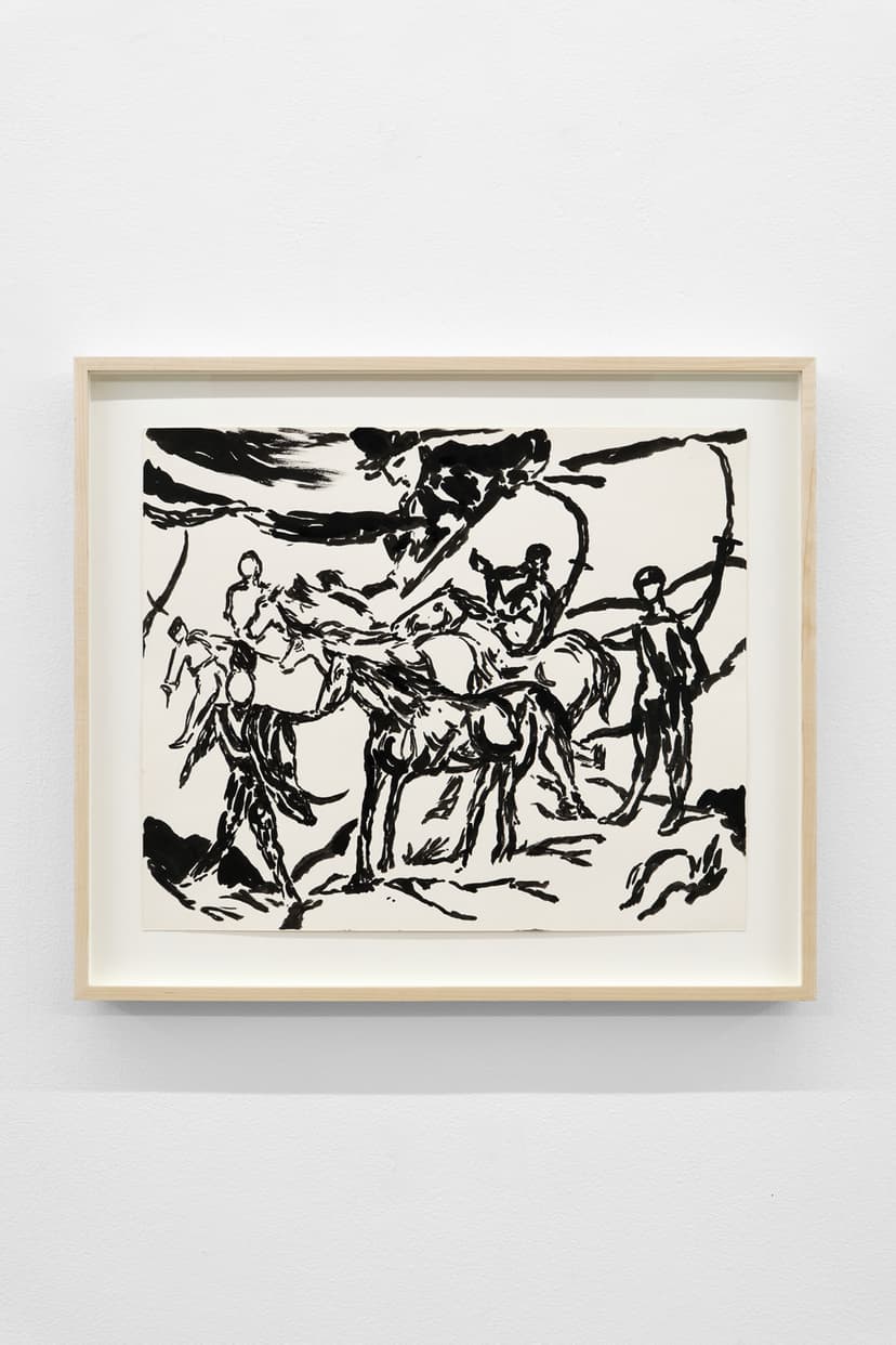 Miguel Ferrando, Untitled (Figures and Horses), 1993. Gouache on paper, 23 x 26 in. (Framed)