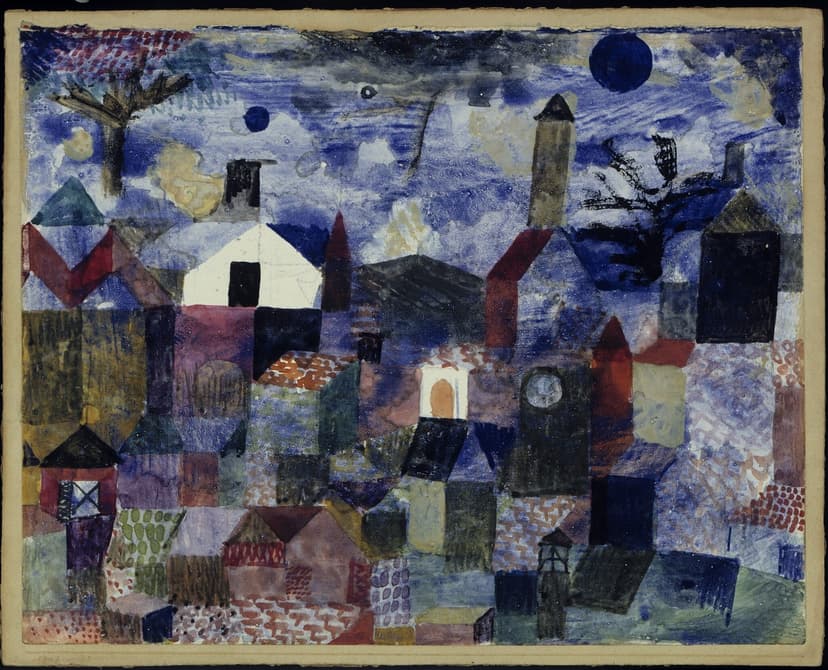 Paul Klee, Landschaft in Blau (Landscape in Blue), 1917, watercolor, pencil, pen, and ink on primed paper on cardboard. On long-term loan from the Berggruen family, Museum Berggruen. Photo: Dietmar Katz