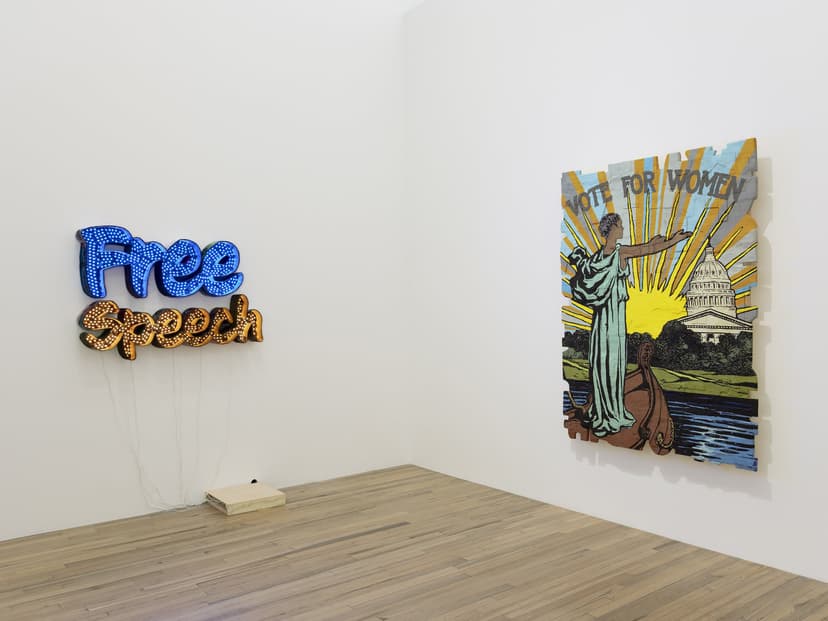Installation view, Andrea Bowers: Democracy Needs Our Courage, Andrew Kreps Gallery, New York, 2026. Photo: Elisabeth Bernstein