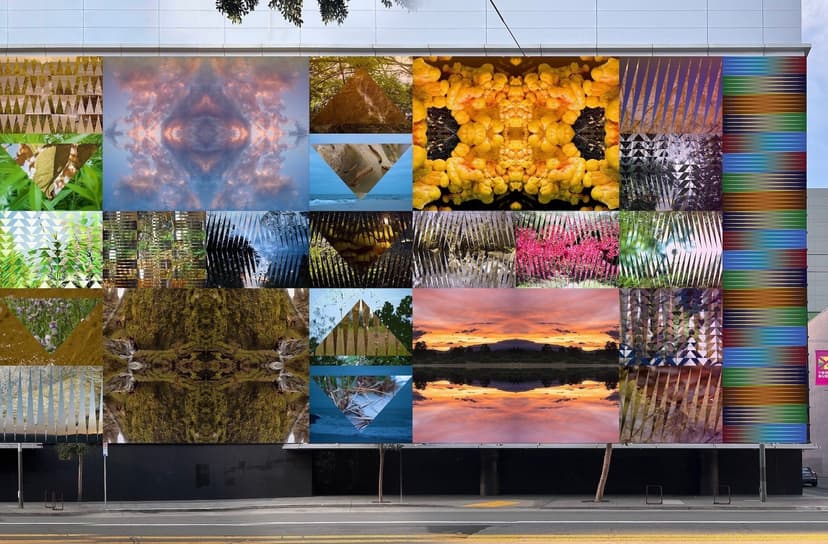 Jeffrey Gibson, rendering of THIS BURNING WORLD, 2026, vinyl facade on the Mission Street side of the former Bloomingdale's building at the San Francisco Centre